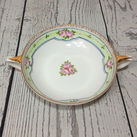 Nippon Bon Bon Bowl Double Handle Hand Painted Porcelain Floral Pink Roses - Picture 1 of 10